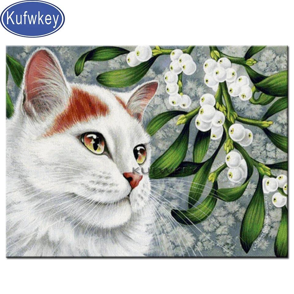 Большие глаза белой кошки алмазная живопись полный квадратный круглый сверловка животное цветочный узор рукоделие вышивка ручной работы подарок.