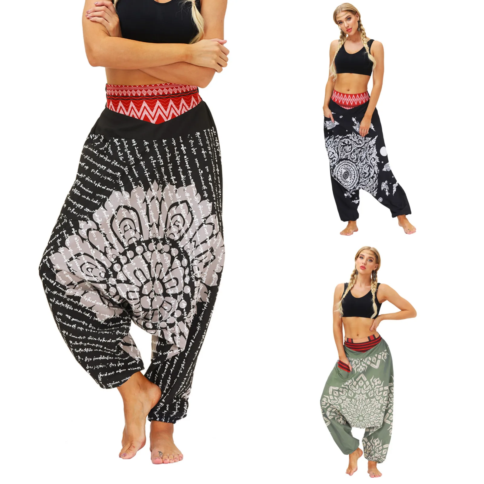 

Patchwork Print Harem Pants Loose Yoga Trousers Female Baggy Boho Wide Leg Pants Mid Waist Casual Pants 2021 A20