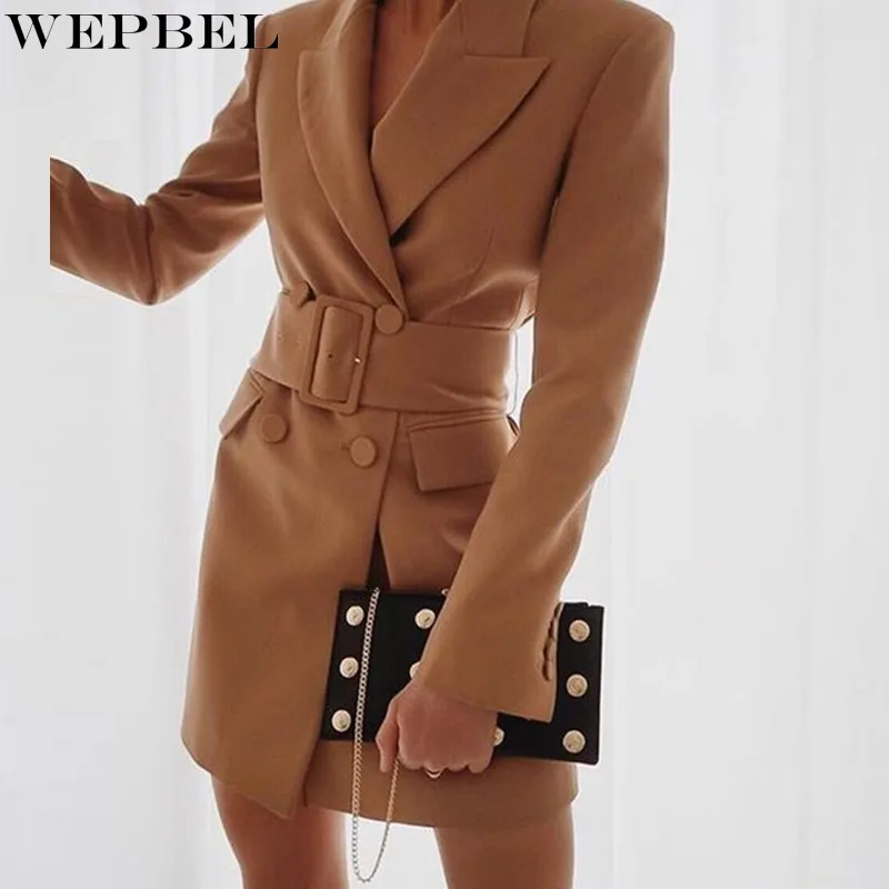 

WEPBEL Women's Casual Solid Color Slim Blazers Spring and Autumn Fashion Long Sleeve Double Breasted Notched Large Coat