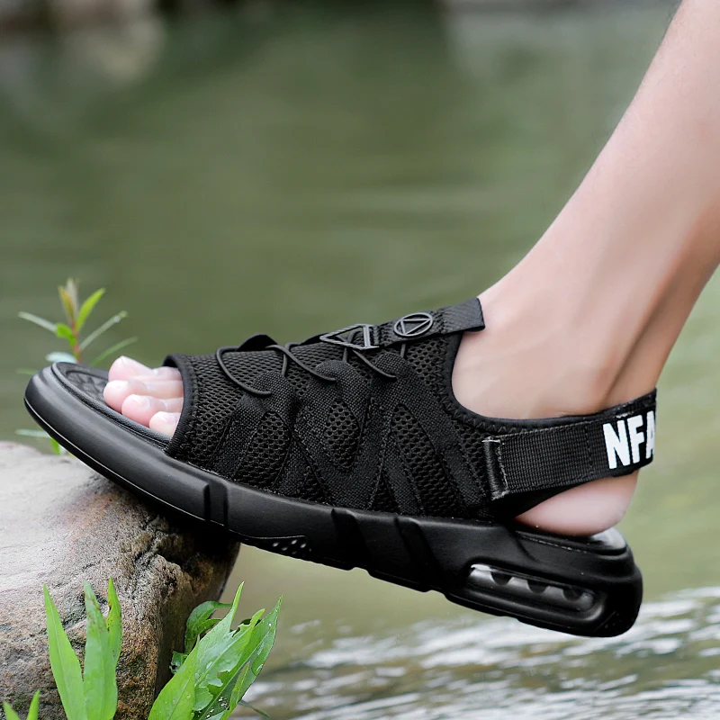 

Сандалии мужские, дышащие, пляжные, на воздушной подушке, черные, для лета