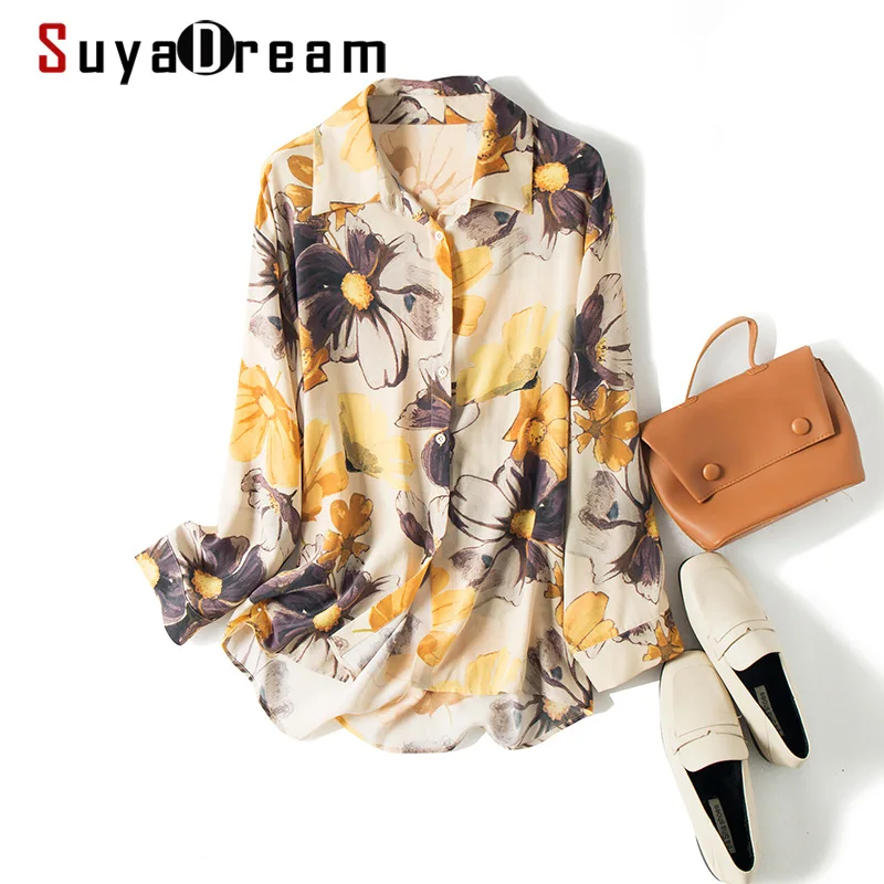 SuyaDream Boyfriend Blouse Women 2020 100%Silk Print Long Sleeves Drop Shoulder Loose Blouse Shirt Elegant Silk Chiffon Shirt