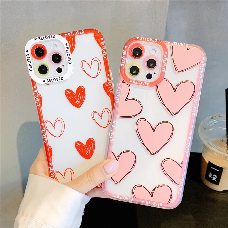 

Cute Love Heart Transparent Case For iPhone 12 Pro Max 11 Pro XR X XS Max 7 8 Plus SE 2020 Shockproof Soft Lens Protection Cover