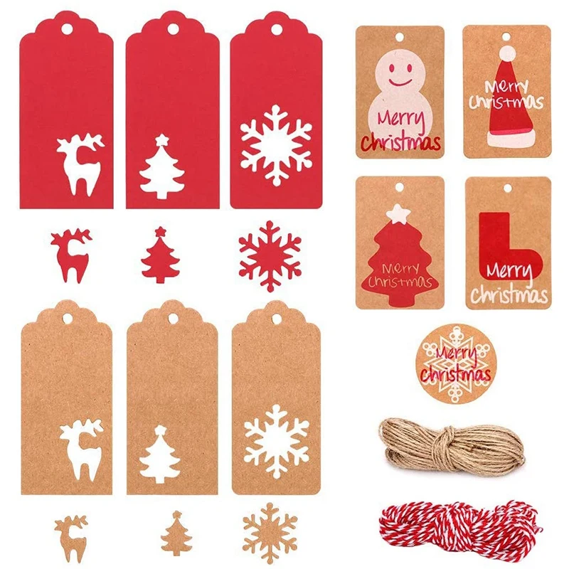 

220Pcs Christmas Paper Tags Kraft Paper Gift Tags Hang Labels with String Christmas Tree Hanging Label