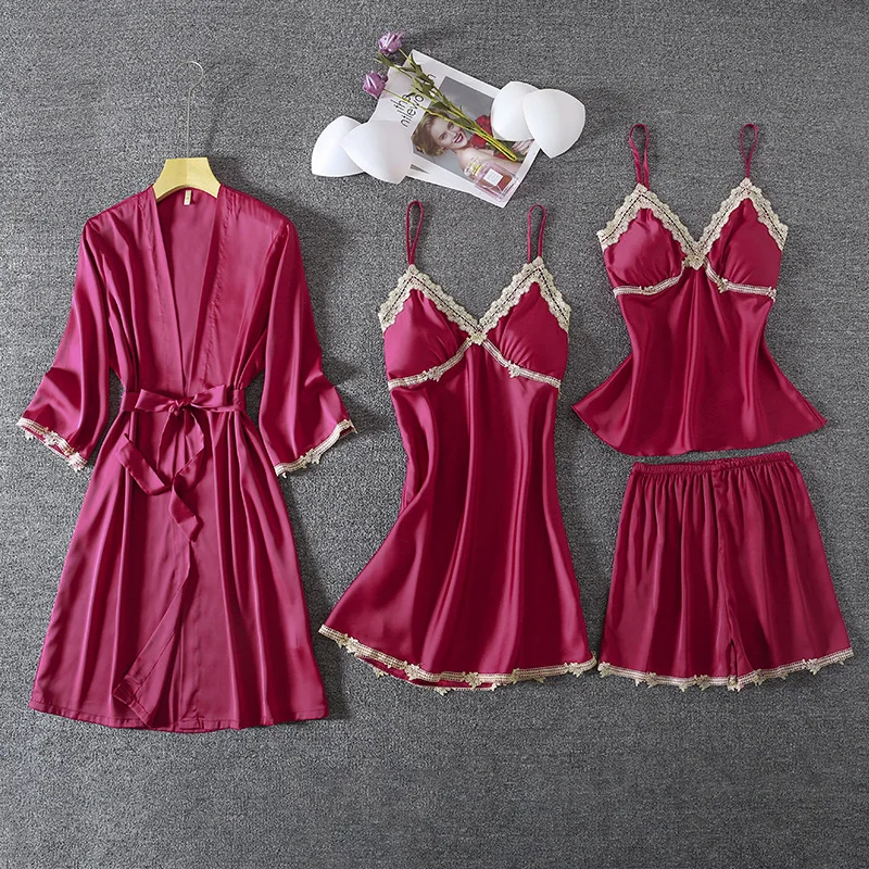 4 Pcs Suit Lace Fashion Women Pajamas With Cheat Pad V-Neck Pyjamas With Belt Satin Soft Touch Nightwear