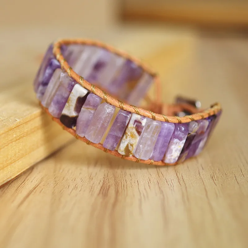 Женский кожаный браслет и в богемном стиле с фиолетовыми кристаллами|Браслеты