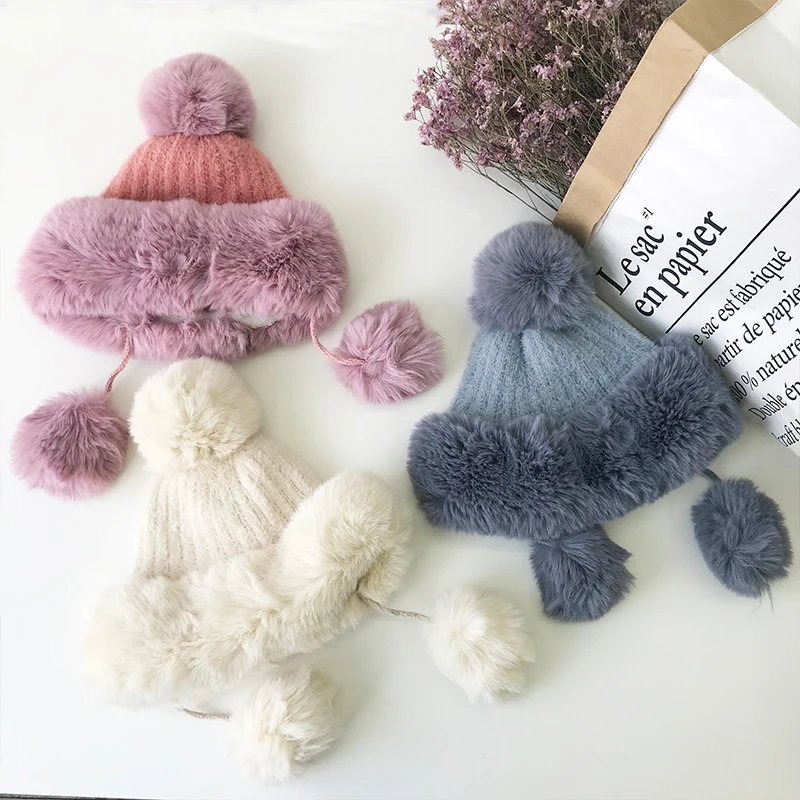 Зимняя женская однотонная вязаная шапка Faxu Fox Pom с помпонами Skullies Beanies шапки