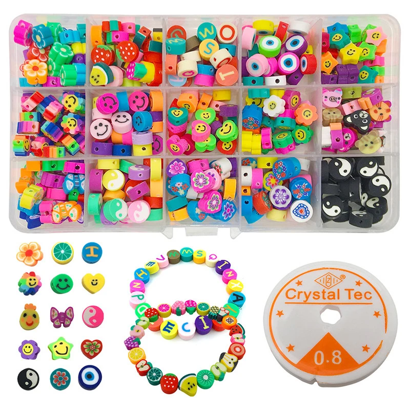 

370pcs/Box Mixed Fruit Animal Flower Smiley Polymer Clay Spacer Beads With Elastic String for DIY Bracelets Jewelry Making Kit