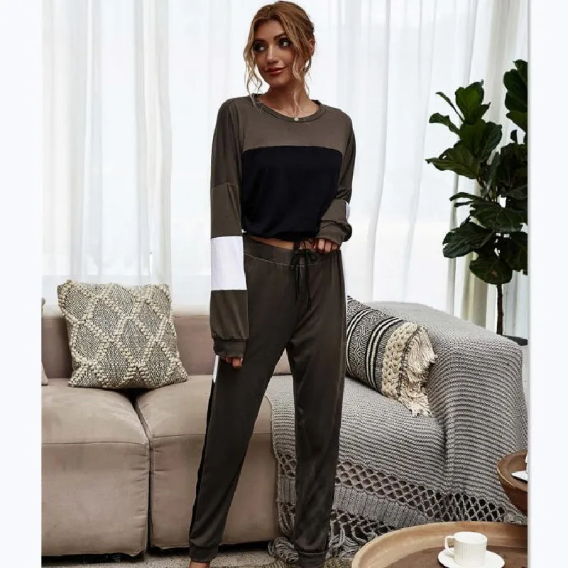 

Autumn Fashion Patchwork Women Pajama Sets 2020 Vintage O-neck Long Sleeves Home Clothes