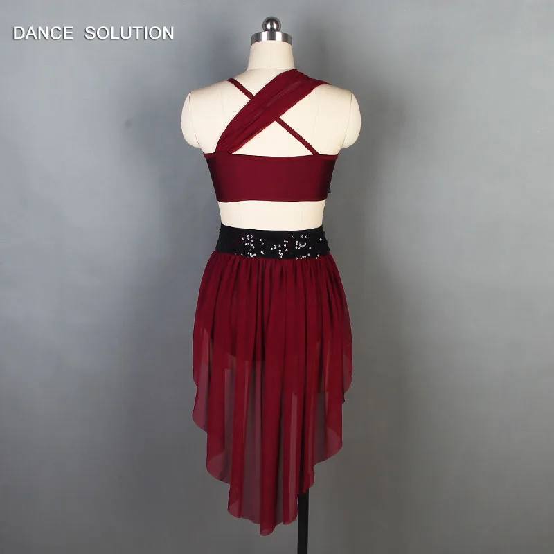 Бордовый балетный костюм для детей и взрослых "Asymmetrical Top with Short Skirt", выполненный из растягивающейся сетки и кружева (арт. 19606).