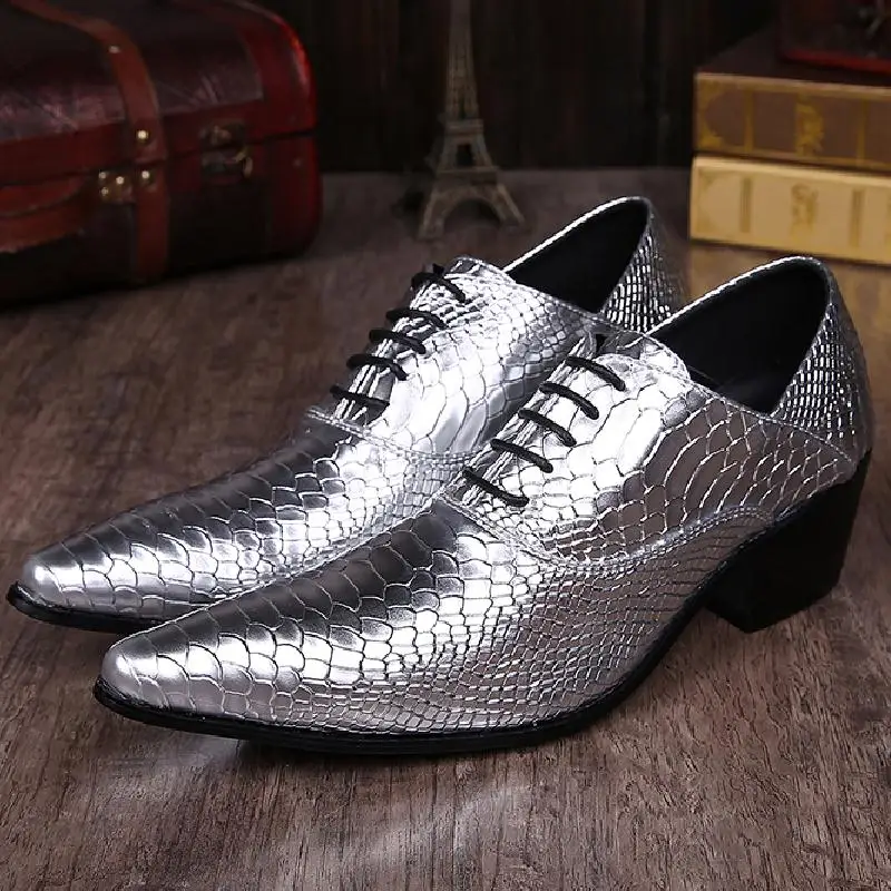 

Golden Silver Patent Leather Wedding Dress Shoes Men High Heels Oxfords Photostudio Nightclub Bar Singer Dancer Celebrity Shoes