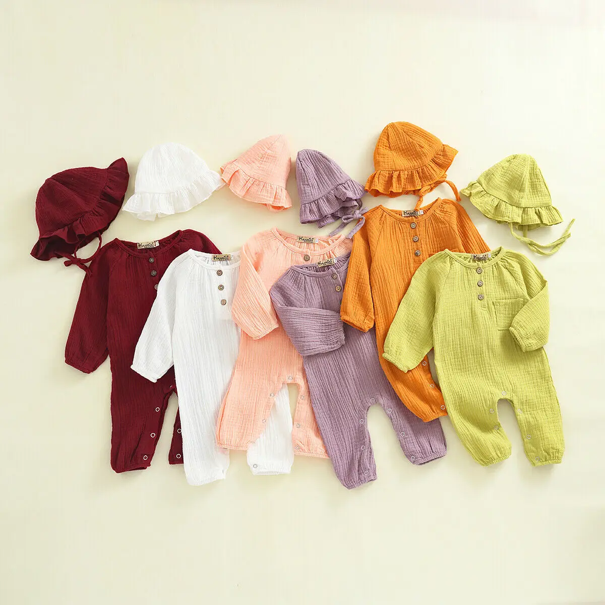 Однотонный комбинезон для новорожденных девочек и мальчиков + шапочка с длинными