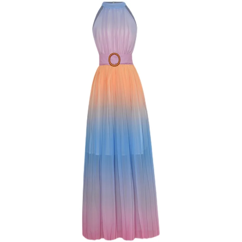 

Женское шифоновое вечернее платье, Элегантное Длинное Платье с радужным градиентом, с эластичной талией, для подиума, для лета