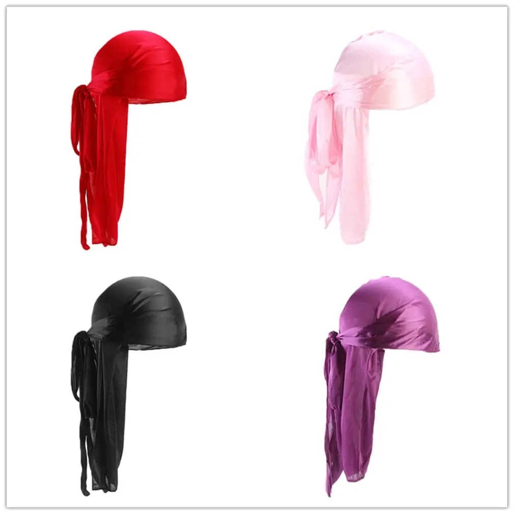 

2020 New Unisex Long Silk Satin Breathable Durag Cool Bandana Hat Turban Wigs Pirate Hat Men Hair Accessories Headwear Headband