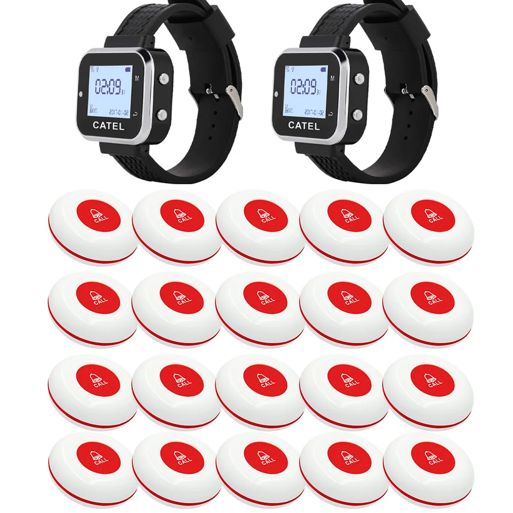 CATEL Wireless Calling System 20 Call Button Transmitter 2 Watch Pager Paging System For Restaurant Waiter Service Bell Buzzer