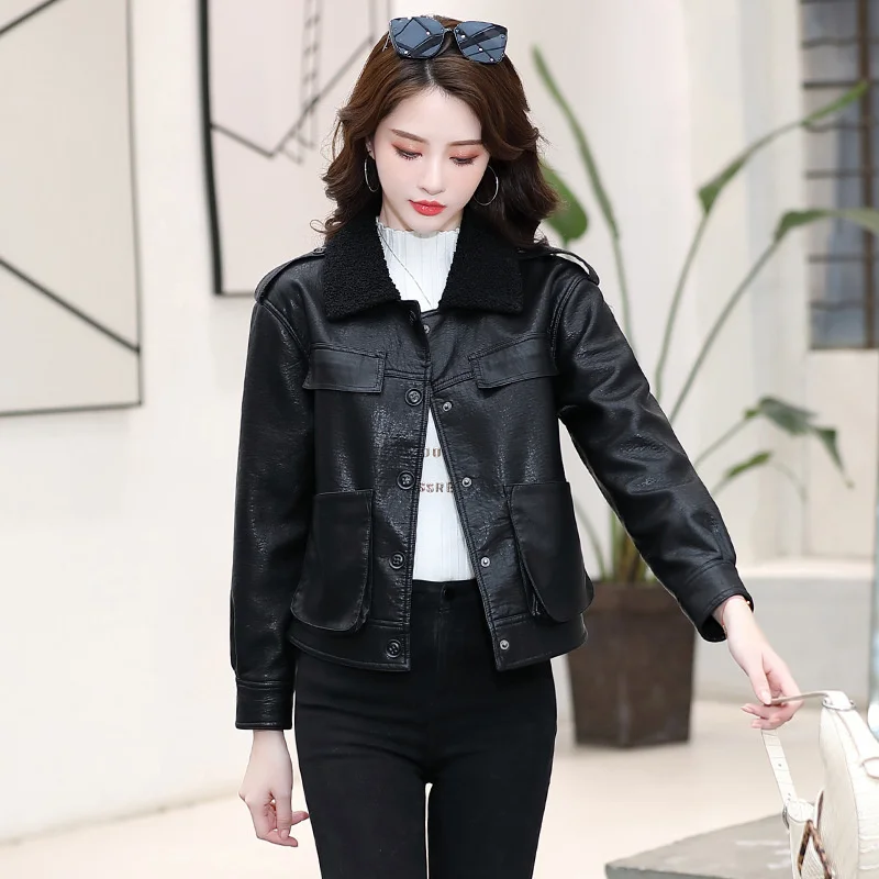 Enlarge Plus cotton short PU leather women's coat 2020 autumn and winter new women's fashion Motorcycle Leather Jacket Small Coat women