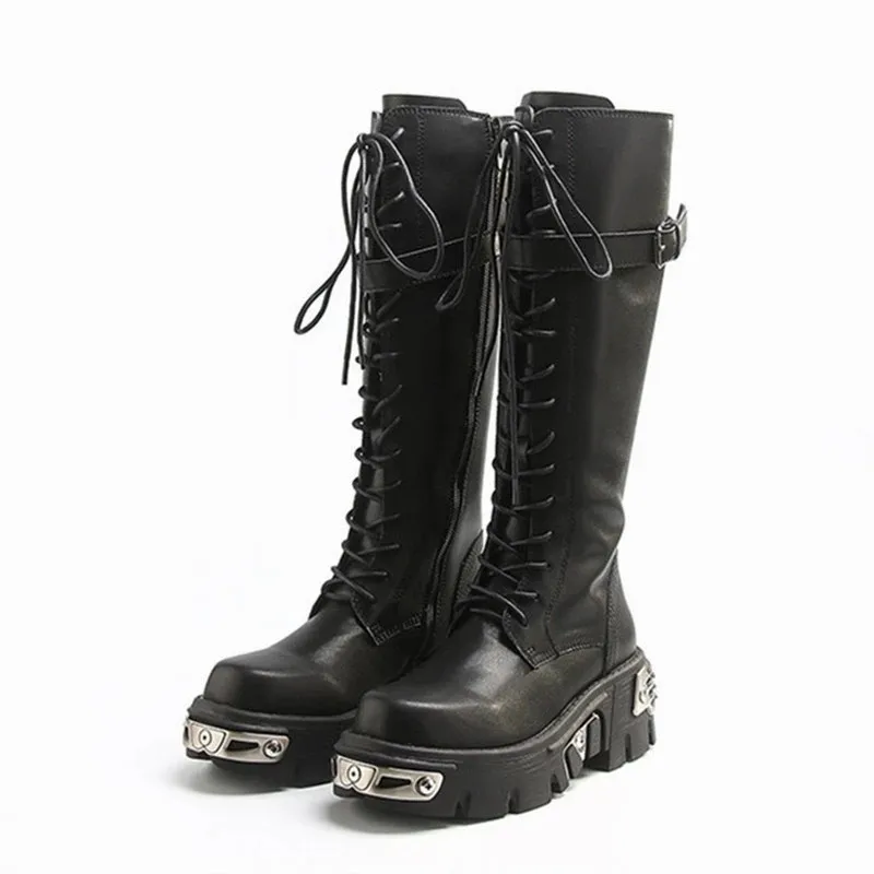 

Женские сапоги до колена с пряжкой и ремешком, черные сапоги на плоской подошве с круглым носком и застежкой-молнией, модные кожаные зимние ...