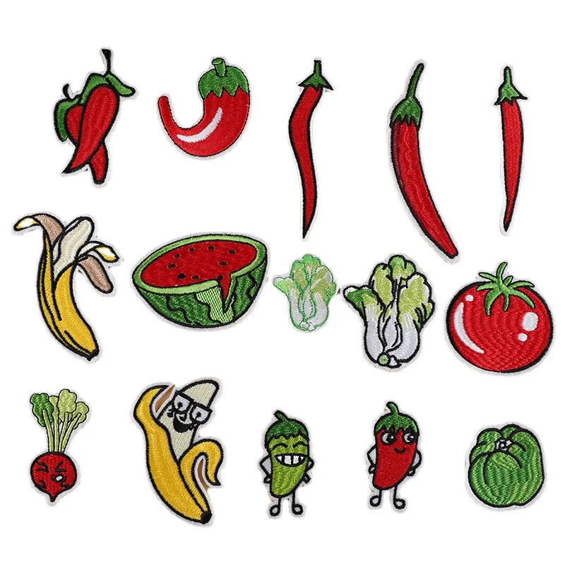 

100pcs/lot Fun Embroidery Patch Fruit Vegetable Chili Cabbage Catch Banana Radish Clothing Decoration Sewing Accessory Applique