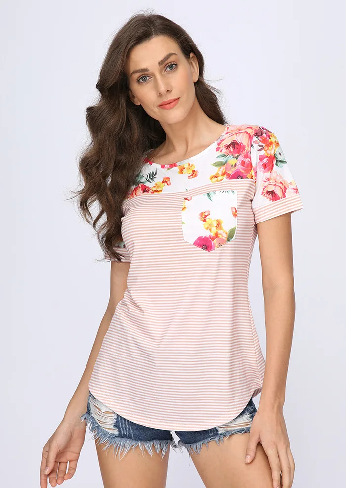 

New explosion models pregnant cotton comfortable round striped stitching short-sleeve breastfeeding breastfeeding shirt T-shirt