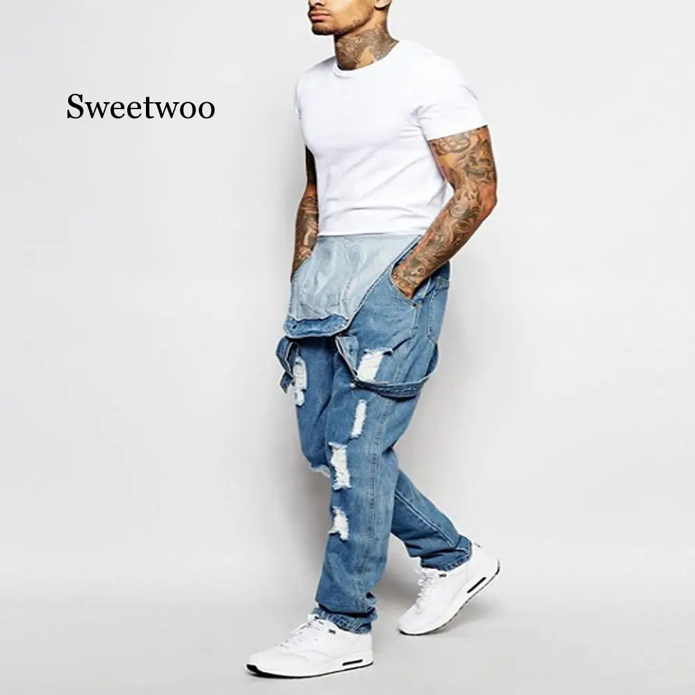 2020 new men's jeans fashion casual denim pocket shredded straps pleated jumpsuit