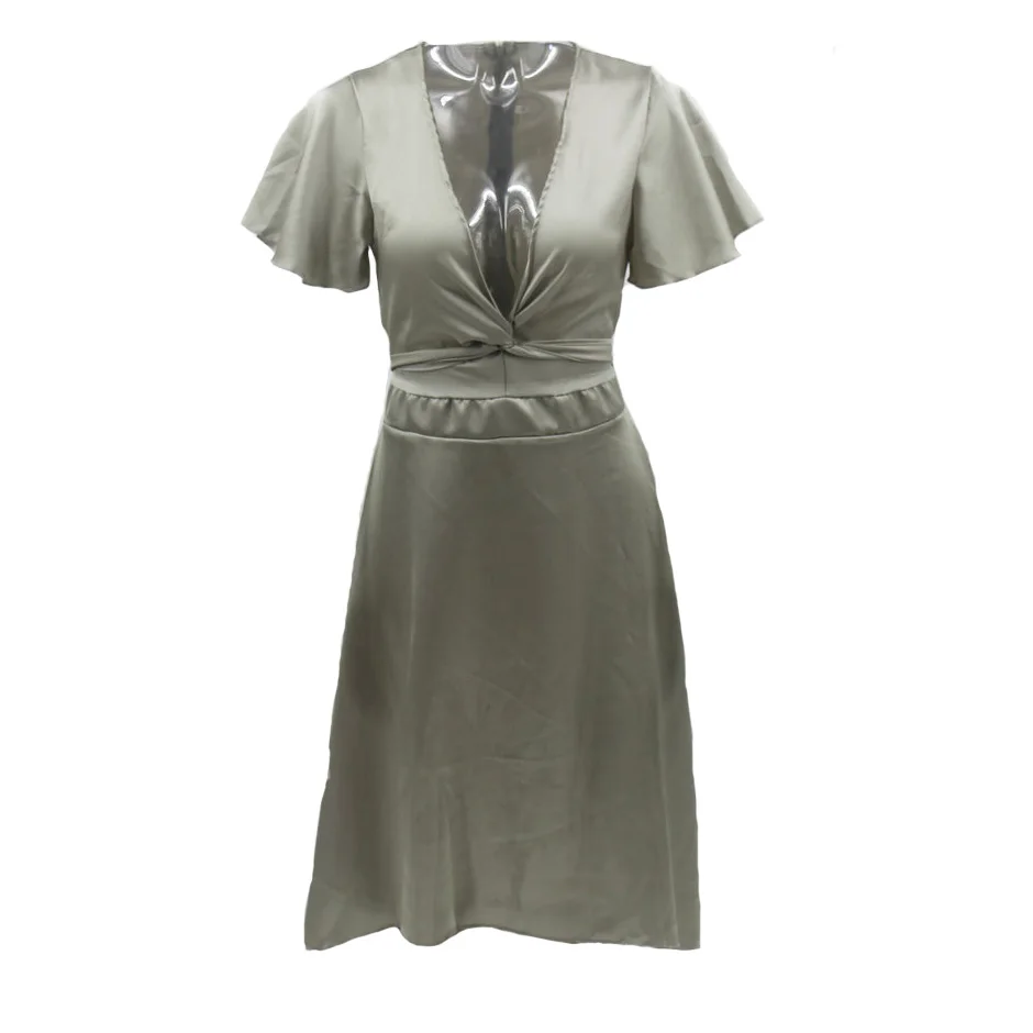 

Short Sleeve Dress Summer Midi Solid Satin V-Neck Sexy Irregular Dress Chic Belt Dresses For Women 2021 Sundress Clothes