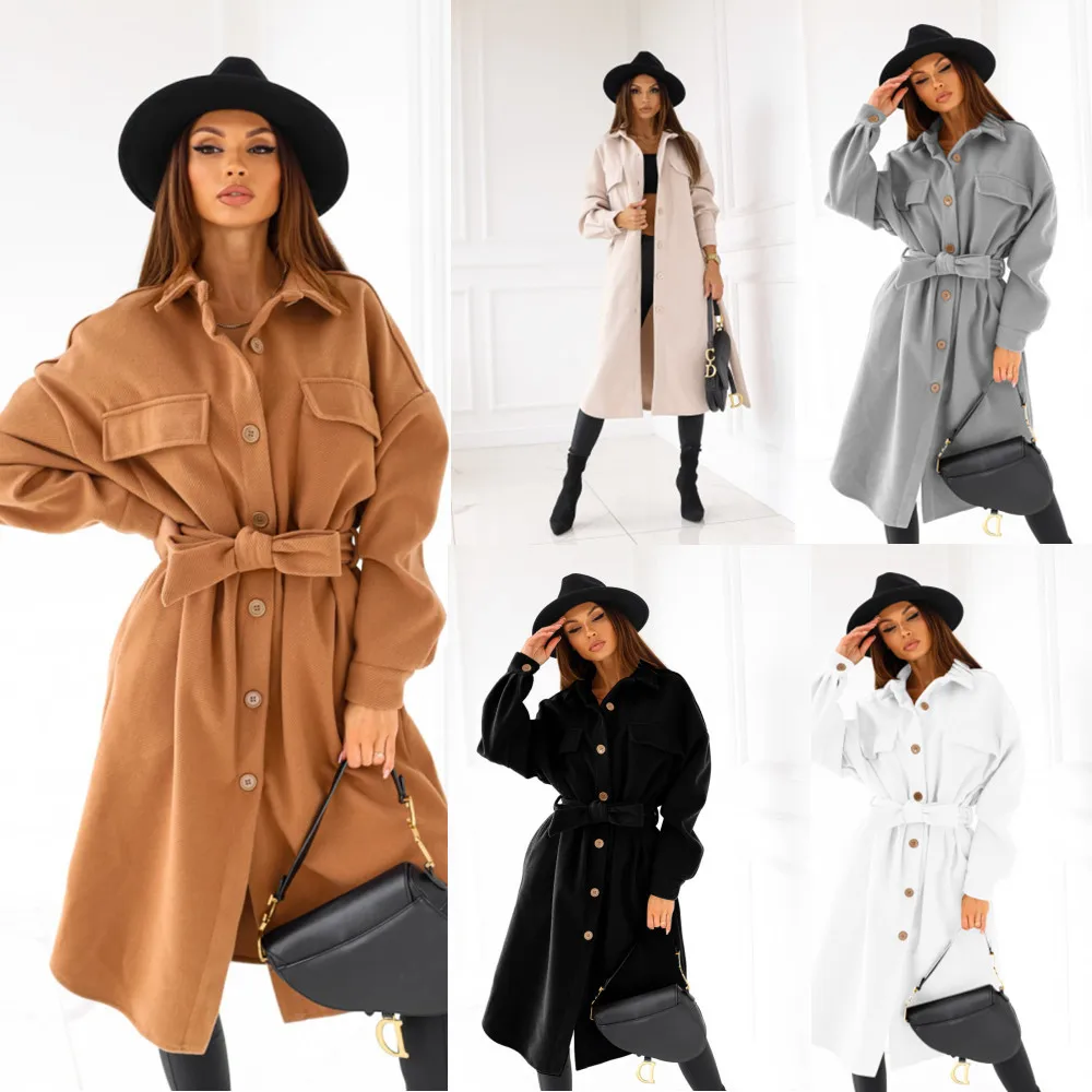 

Kalenmos Loose Long Wool Coat Women Long Sleeve Lapel Single Breasted Lace-up Waist Woolen Solid Color Blends Pocket Woman Tops
