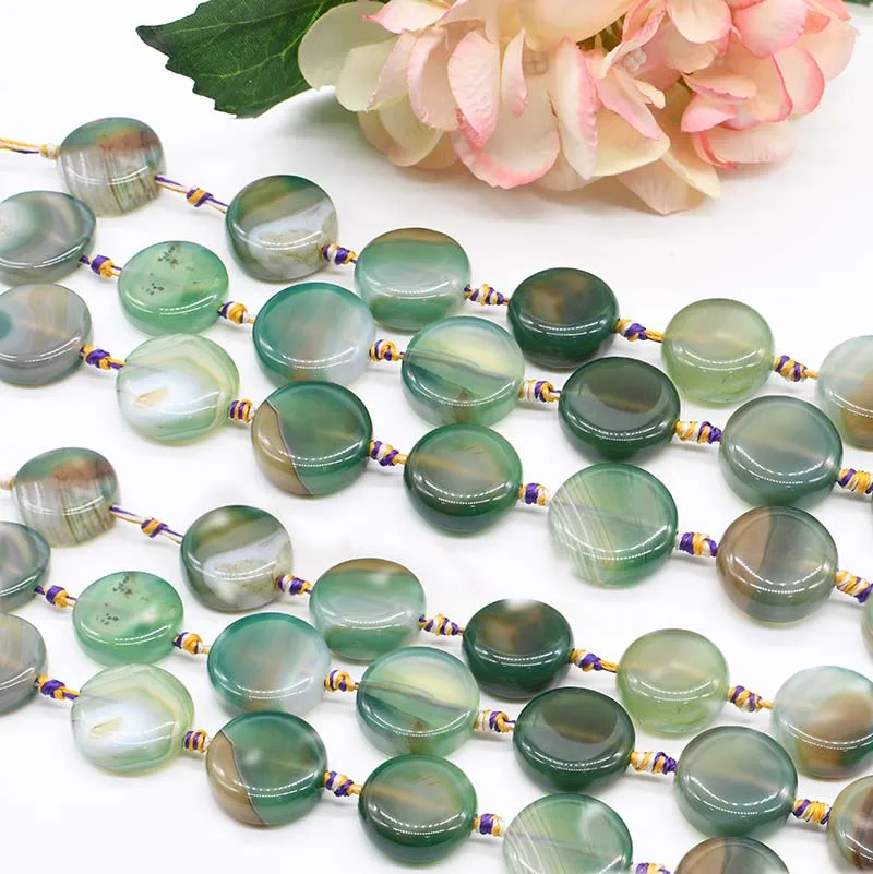 

2strands/lot 23mm coin button beads, natural grass green stone glossy agate For Jewelry Making DIY Necklace Bracelat Loose 15"