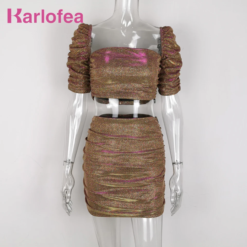 Karlofea/Женские Новые сверкающие одинаковые костюмы с пышными рукавами квадратным