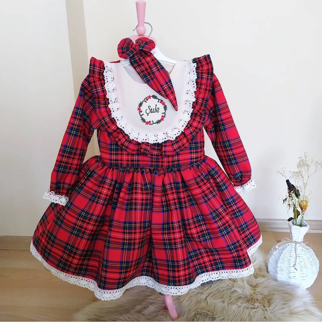 

0-12Y Baby Girl Autumn Red Plaid Embroisery Vintage Spanish Princess Ball Gown Dress for Christmas Eid Causal