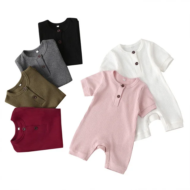 

Dropshipping Knitting Romper Baby Boys Girls Black Pink Wine Red White Short Sleeve Solid Ribbed Romper Overalls Clothes Outfits