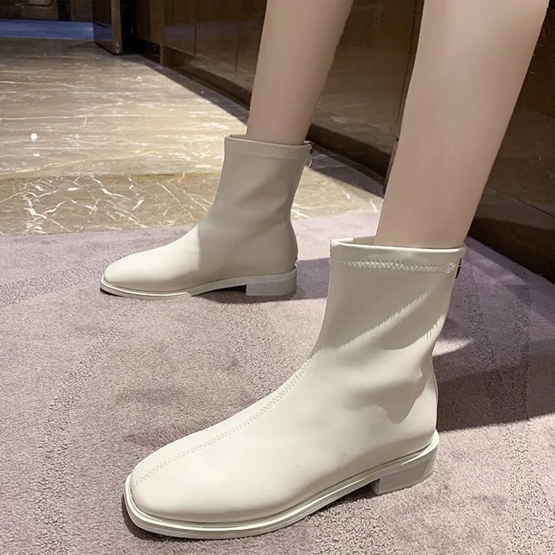 2020 зимние модные женские сапоги до бедра на плоской подошве бежевые колена