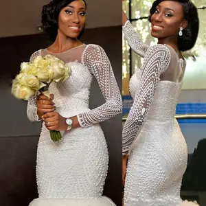 Luxury Beaded South African Long Sleeves Wedding Dresses Mermaid Sheer Jewel Neck Arabic Vestidos De Novia Luxury Beaded South African Long Sleeves Wedding Dresses Mermaid Sheer Jewel Neck Arabic Vestidos De Novia