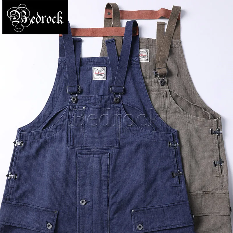 RT 9oz herringbone overalls for men vintage batik one washed denim baggy jeans blue big pocket suspenders loose military pants