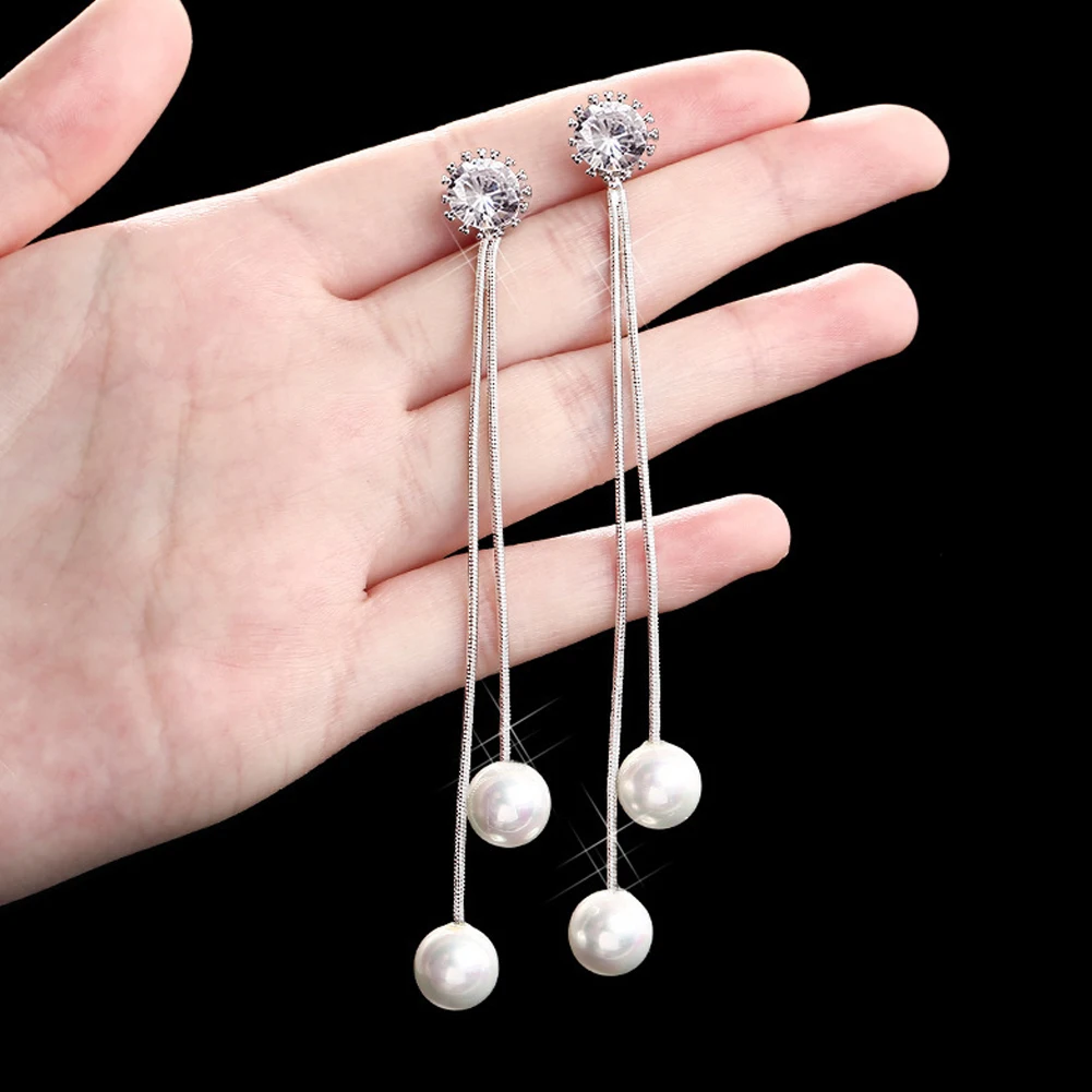 

Fashion Silver-color Simulated Pearl Pendant Long Chain Long Earrings Bridal Wedding Pearl Jewelry Drop Earrings