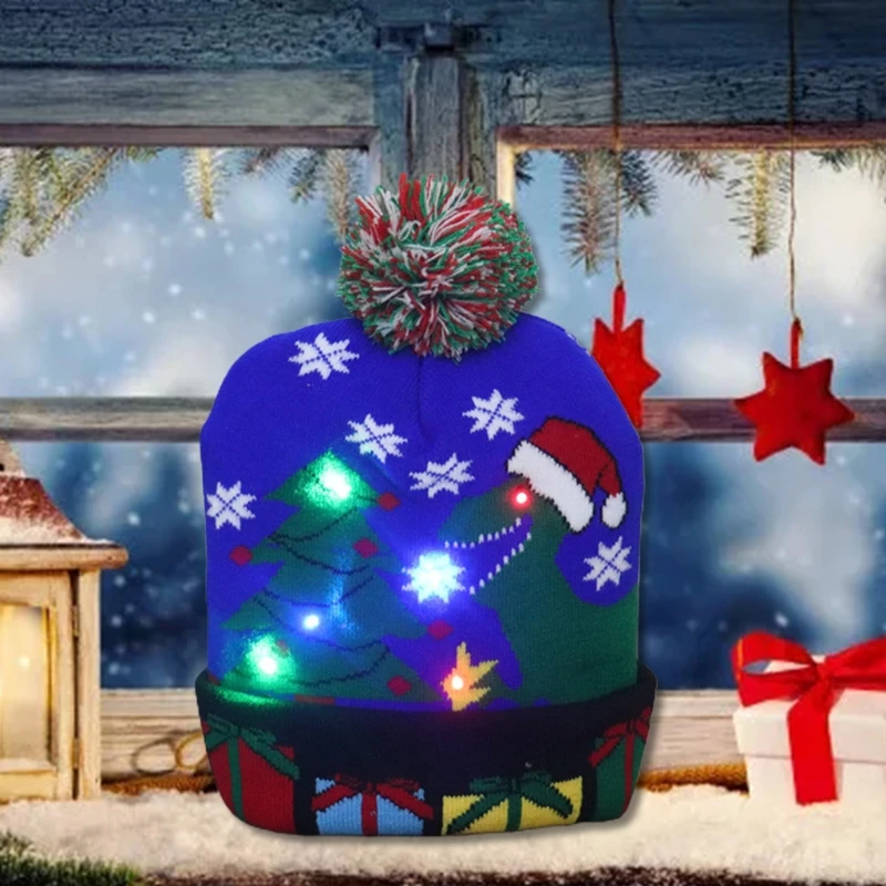 

LED Christmas Hat Light Up Christmas Hats Dinosaur Ugly Hat Unisex Knitted Beanie Cap for Holiday Party Decorations
