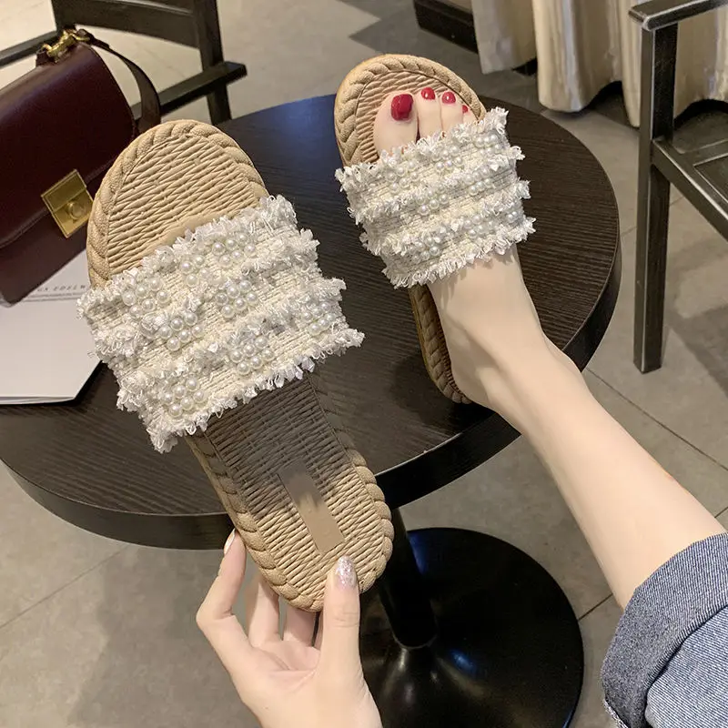 

2021 New Summer Slippers Women's Outer Wear Girl's Heart Beaded Ins Trendy Korean Fashion All-Matching Internet Hot Slippers