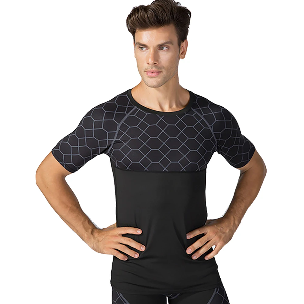 Men Compression T-shirt  Dry Fit T Shirt Print Patchwork Gym Clothing Fitness Exercise Running Training Sports Solid Shirt MMA
