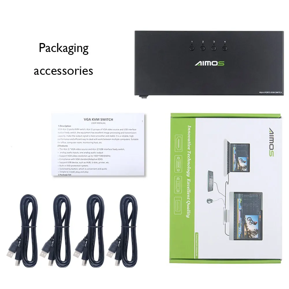 

4 Ports VGA USB KVM Switch USB 2.0 Switcher Full HD 1080P for 4 PC Computers Sharing One Monitor Keyboard Mouse Printer Switcher