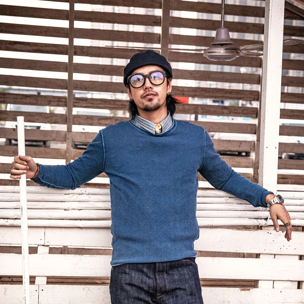 

Long Indigo Kendo Sleeve T Shirts Men Sashiko Crew Neck Tee Shirts