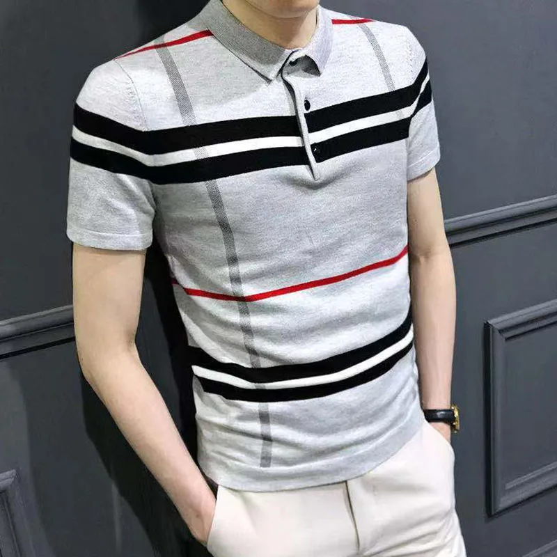 

Men's POLO Shirt Summer Casual Slim Business Lapel Striped Top Short Sleeve Tee