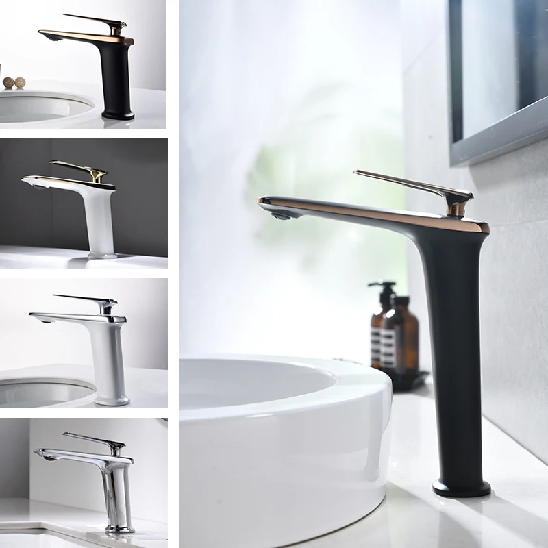 

Solid Brass Basin Faucet Single Handle Chrome Black White Bathroom Wash Basin Tap Deck Mounted Tall Lavatory Sink Mixer Faucets