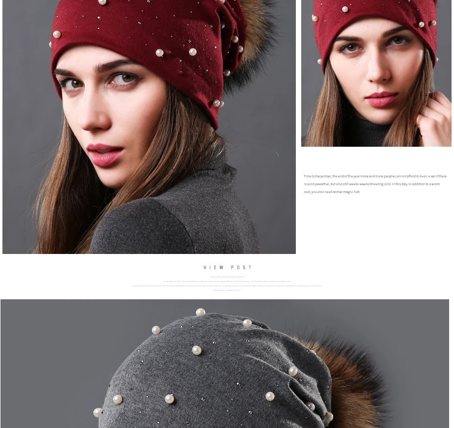 New Women's Pearls Beanies Winter Causal Solid Rhinestone Pearl Slouchy Beanies Hat with Raccoon Fur Pompom Femme Black Cap