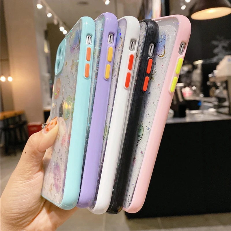 

Glitter Star Moon Clear Phone Case for iPhone 11 12 Mini Pro Max XS Max X XR 7 8 Plus Camera Protection Cute Planet Back Cover