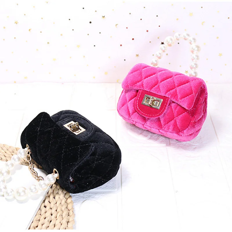 2021 Mini Children Shoulder bag Hot pink Velvet Pearl HandBag Popular Winter children's bag  PU Party Kid Evening Party Purse