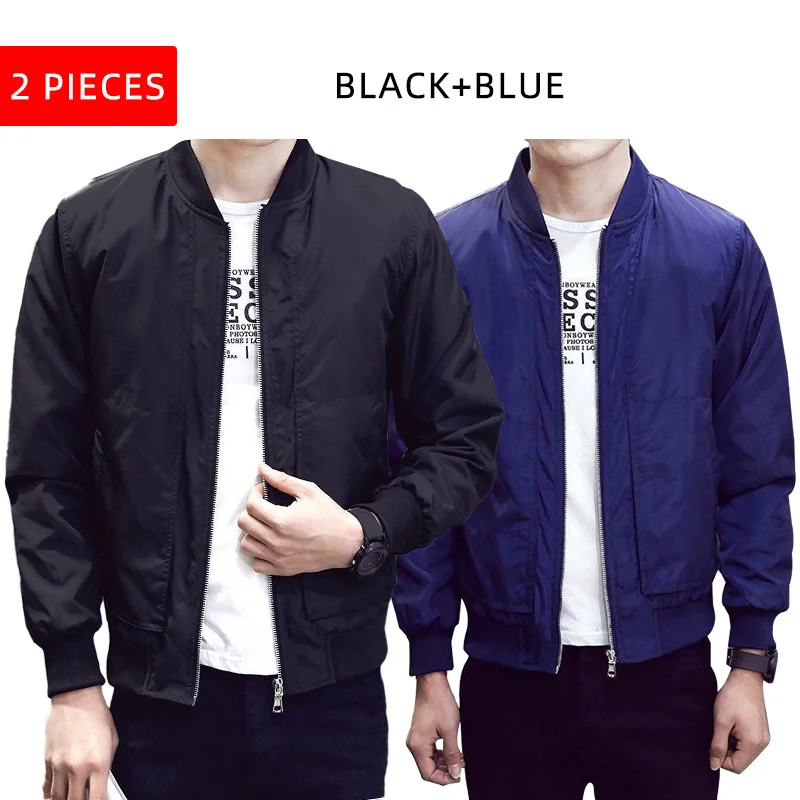 2pc Black BlueFK063 Повседневная куртка-бомбер, Мужская однотонная Модная приталенная весенняя куртка, осенняя верхняя одежда, пальто, бейсбольные куртки, мужская уличная куртка - Цвет: 2pc Black BlueFK063