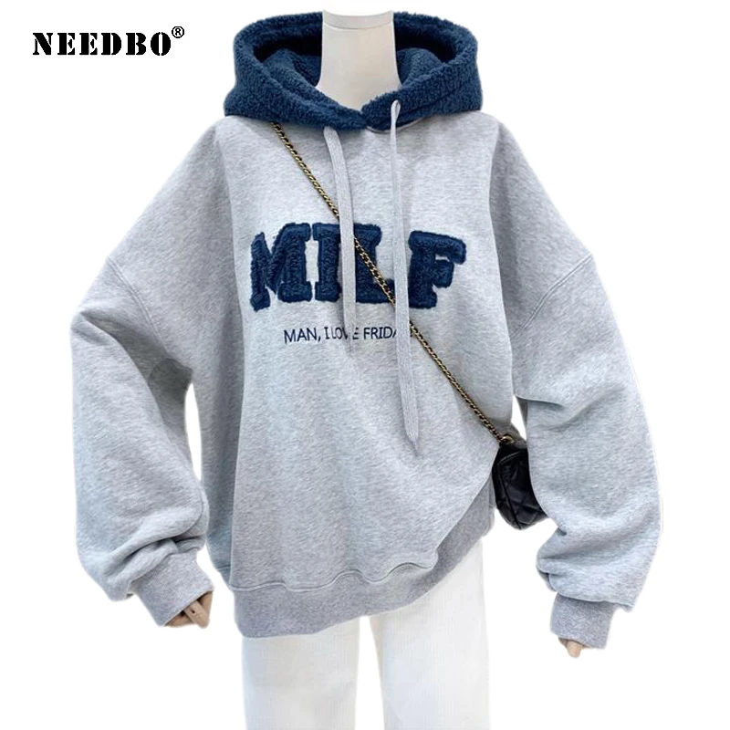 NEEDBO MILF Hoodies Women's Sweatshirts Letter Print Lamb Wool Pullovers Loose Korean Style Jacket Full Sleeve Casual Tops 2021