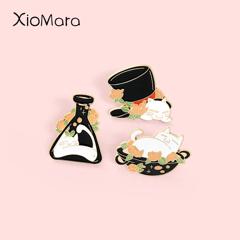 

Cute White Cat Enamel Pins Black Magic Hat Flask Pot Brooches Badges Women Clothes Bag Animal Pins Jewelry Gift for Friends