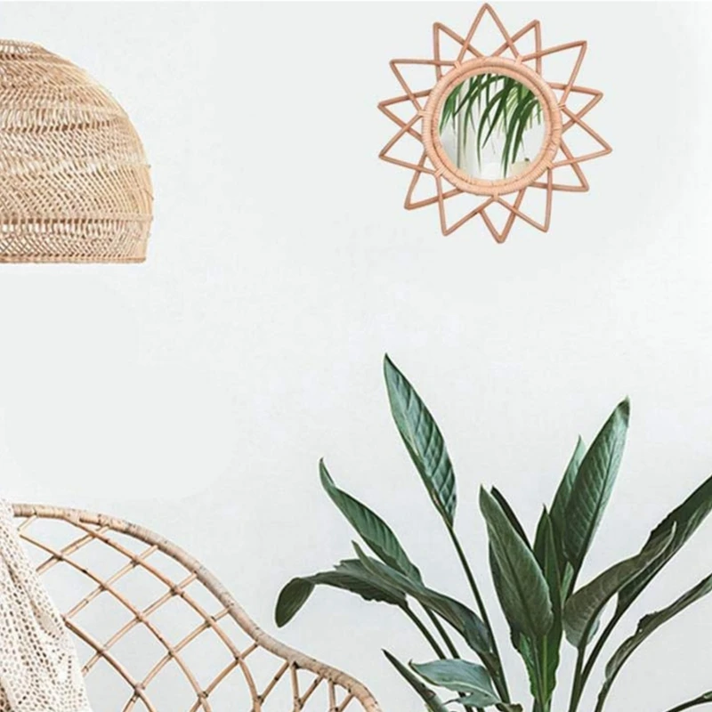 

Flower Rattan Frame Mirror Decor Photo Wall Frames Wood & Rattan Round Wall-Mounted Mirror Frame Nordic Home Decoration