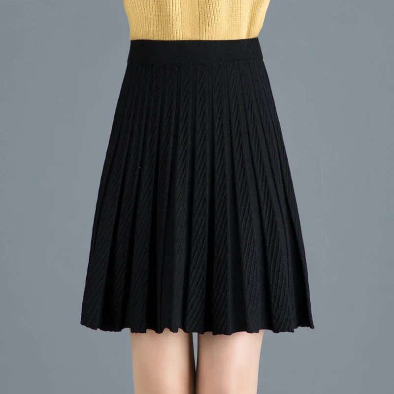 

2020 Autumn & Winter New Korean Elastic High Waist Slimming Simple Versatile Casual Women Knitted Pleated Skirt Free Shipping