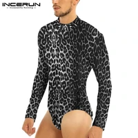 incerun fashion long sleeve high collar romper t shirts men leopard print sexy t shirts men casual bodysuit tops camisetas 5xl 7