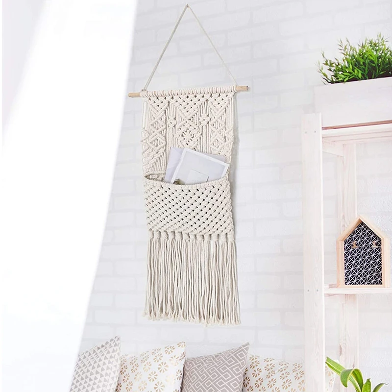 

2Pcs Macrame Magazine Holder,Key Organizer Cotton Woven Hanging Flowers Storage Boho Wall Decor,15.7x29.5Inch